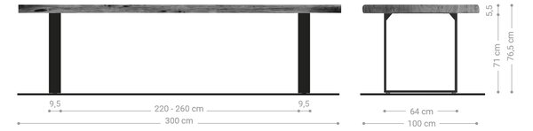 DELIFE Étkezőasztal Edge 300x100 XL akác barna rozsdamentes acél keskeny Live-Edge