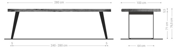 DELIFE Étkezőasztal Edge 280x100 XL akác természetes rozsdamentes acél ferde Live-Edge