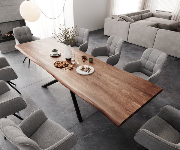 DELIFE Étkezőasztal Edge 300x100 XL akác barna kereszt láb téglalap fekete Live-Edge