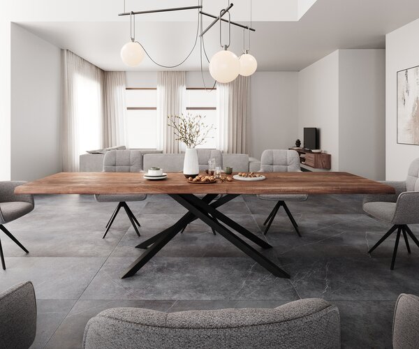 DELIFE Étkezőasztal Edge 300x100 XL akác barna kereszt láb téglalap fekete Live-Edge