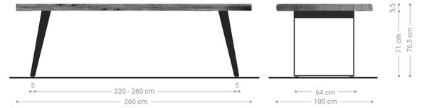 DELIFE Étkezőasztal Edge 260x100 cm XL akác természetes rozsdamentes acél ezüst ferde Live-Edge