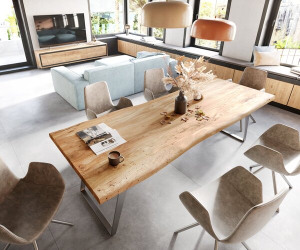 DELIFE Étkezőasztal Edge 260x100 cm XL akác természetes rozsdamentes acél ezüst ferde Live-Edge