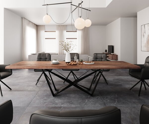 DELIFE Étkezőasztal Edge 300x100 XL akác barna Spider laposacél fekete Live-Edge