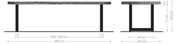 DELIFE Étkezőasztal Edge 280x100 cm XL akác természetes rozsdamentes acél széles Live-Edge