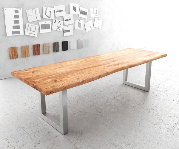 DELIFE Étkezőasztal Edge 280x100 cm XL akác természetes rozsdamentes acél széles Live-Edge