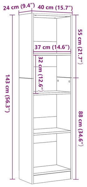 Fekete tölgy szerelt fa könyvespolc 40x24x143 cm