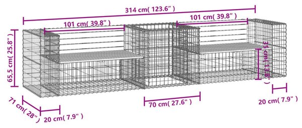 Tömör fenyőfa kerti pad gabion kosárral