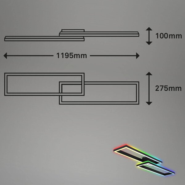 Briloner LED mennyezeti lámpa Frame 2 izzós RGBW háttérvilágítás 119,5 cm, dimmelhető, Fekete, Nappali / Étkező, fém, Modern