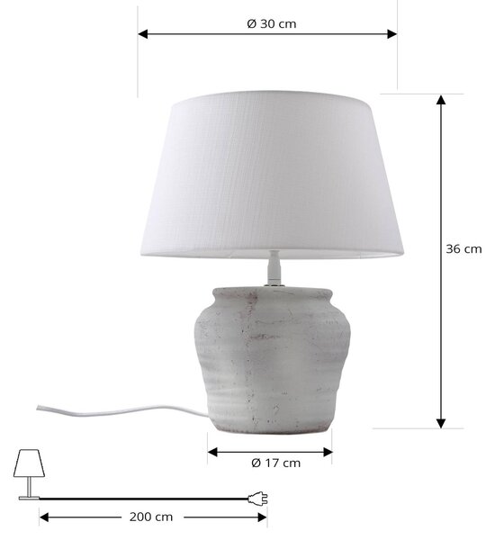 Lindby Aelith asztali lámpa, Ø 30 cm, fehér, kerámia, E27, Fehér / opál, Nappali / Étkező, Textil / szövet / selyem, Vidéki otthon / Rusztikus