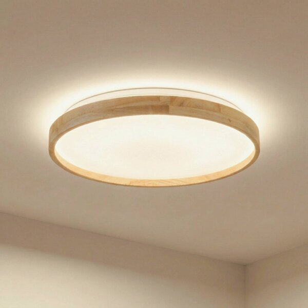Lindby Smart LED mennyezeti lámpa Mirren fa Ø49,5cm CCT Tuya, dimmelhető, Világos fa, Nappali / Étkező, Műanyag, Modern