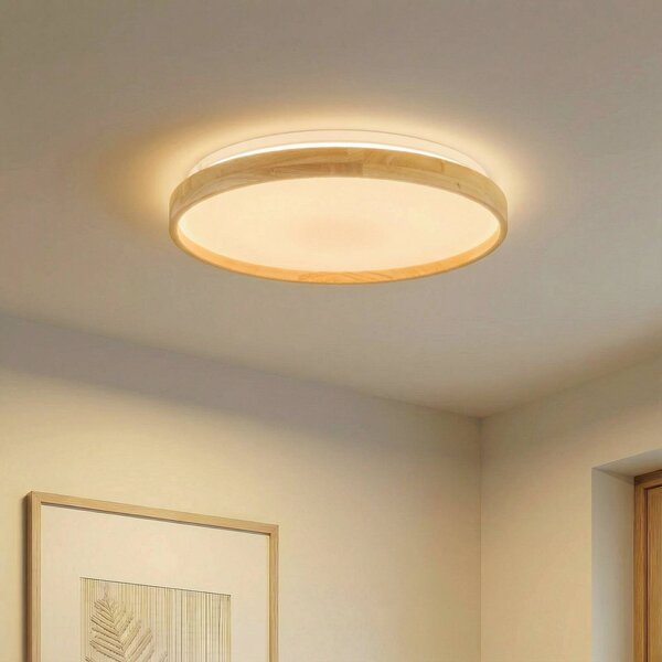 Lindby Smart LED mennyezeti lámpa Mirren fa Ø49,5cm CCT Tuya, dimmelhető, Világos fa, Nappali / Étkező, Műanyag, Modern