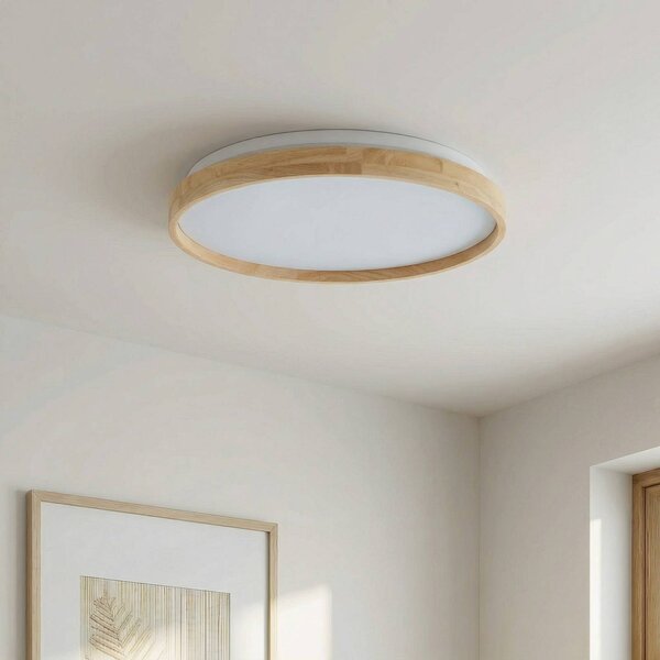 Lindby Smart LED mennyezeti lámpa Mirren fa Ø49,5cm CCT Tuya, dimmelhető, Világos fa, Nappali / Étkező, Műanyag, Modern