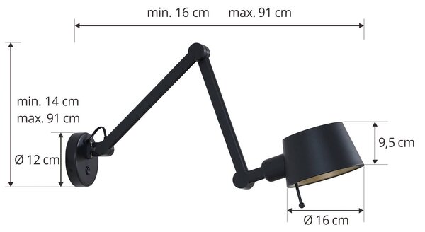 Lucande fali lámpa Silka, fekete, fém, 9,5 cm magas, dimmelhető, Fekete, Nappali / Étkező, fém, Modern