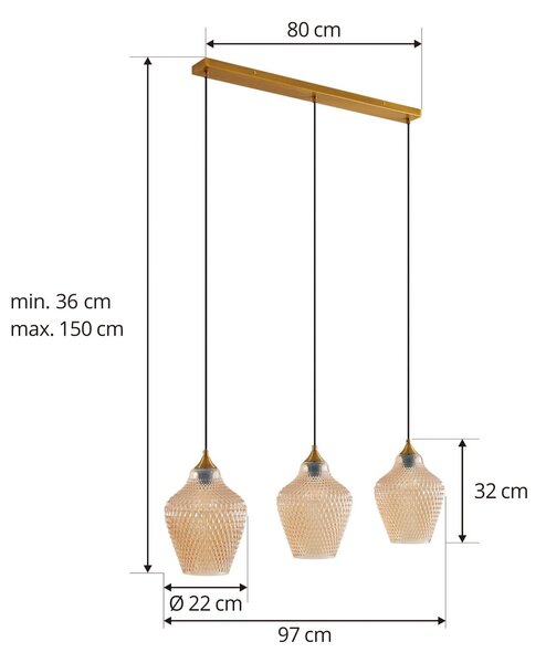 Lindby függőlámpa Drakar, Ø 22 cm, 3-as lámpa, borostyán, üveg, dimmelhető, Krém / borostyánsárga, Nappali / Étkező, Üveg, Vintage
