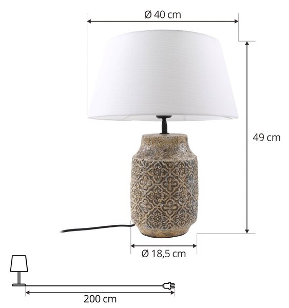 Lindby Aelith asztali lámpa, Ø 40 cm, barna, kerámia, E27, Alu / szürke / cink, Nappali / Étkező, Textil / szövet / selyem, Vidéki otthon / Rusztikus