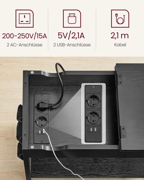 VASAGLE Smart Kisasztal Beépített Elosztóval és USB Portokkal Fekete