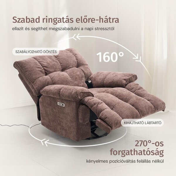 Elektromos relax fotelágy ringató, forgatható barna bársony szövet (JN-D8108A30)