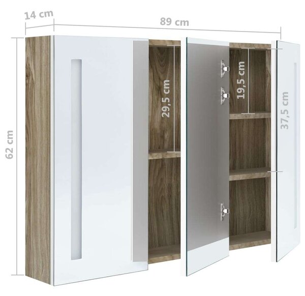 HomeLux LED-es Tükör Szekrény - Fehér/Tölgy - 89x14x62 cm