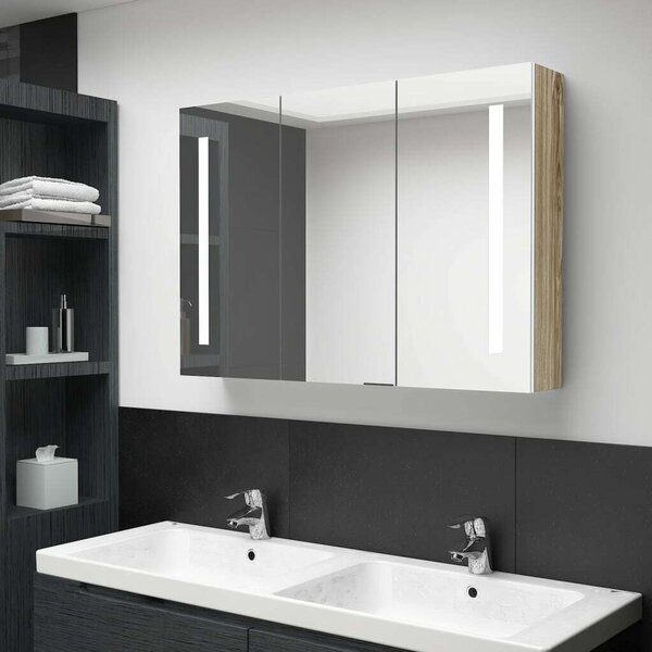 HomeLux LED-es Tükör Szekrény - Fehér/Tölgy - 89x14x62 cm