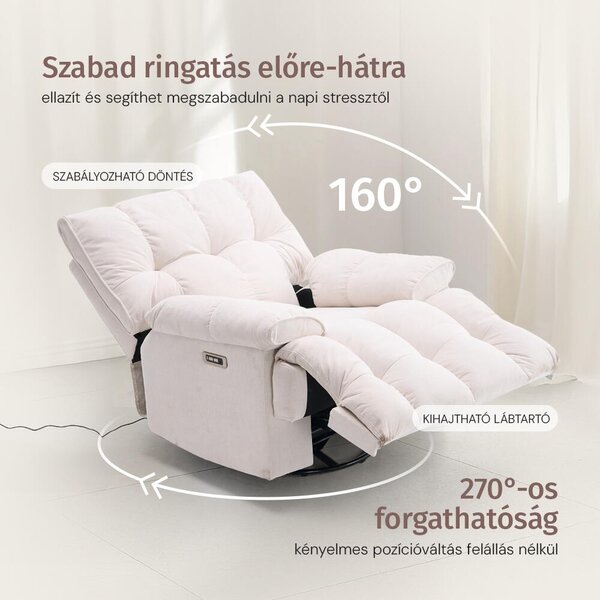 Elektromos relax fotelágy ringató, forgatható bézs bársony szövet (JN-D8108A30)