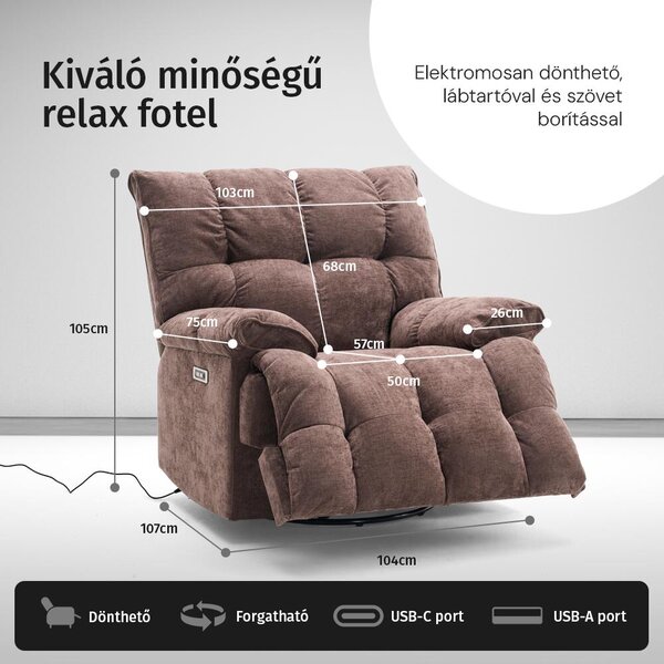 Elektromos relax fotelágy ringató, forgatható barna bársony szövet (JN-D8108A30)