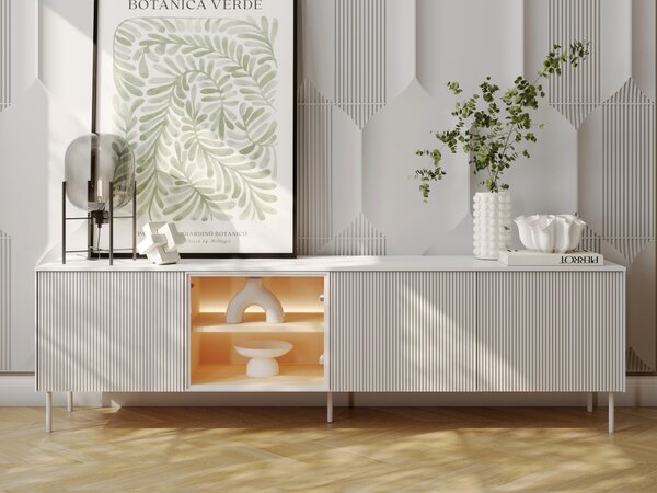 TV-állvány Mirbelo 107, Edzett üveg, Közepes sűrűségű farostlemez, Laminált forgácslap, 57x195x41cm, Tölgy, Fehér