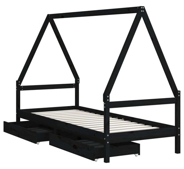VidaXL fekete gyerek tömör fenyőfa ágykeret fiókokkal 90 x 200 cm