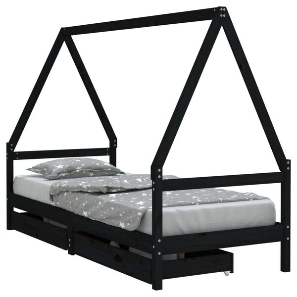 VidaXL fekete gyerek tömör fenyőfa ágykeret fiókokkal 90 x 200 cm