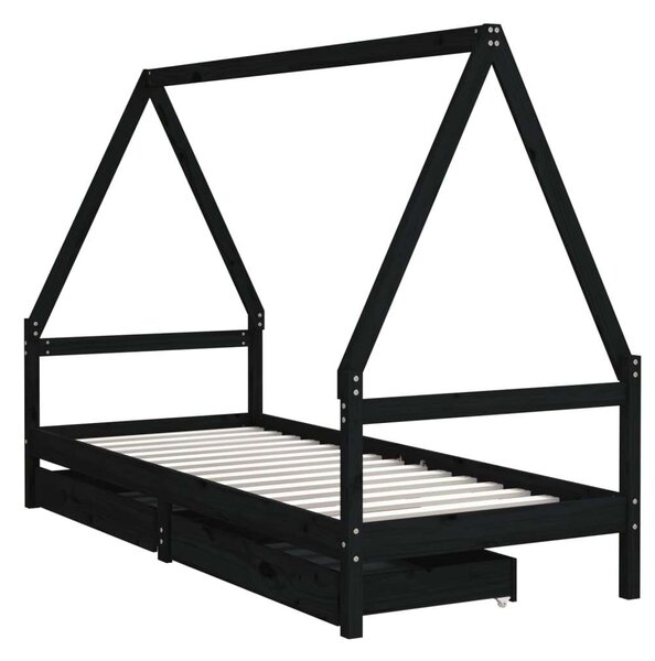 VidaXL fekete gyerek tömör fenyőfa ágykeret fiókokkal 90 x 200 cm