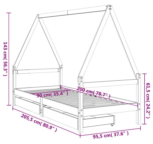 VidaXL fekete gyerek tömör fenyőfa ágykeret fiókokkal 90 x 200 cm