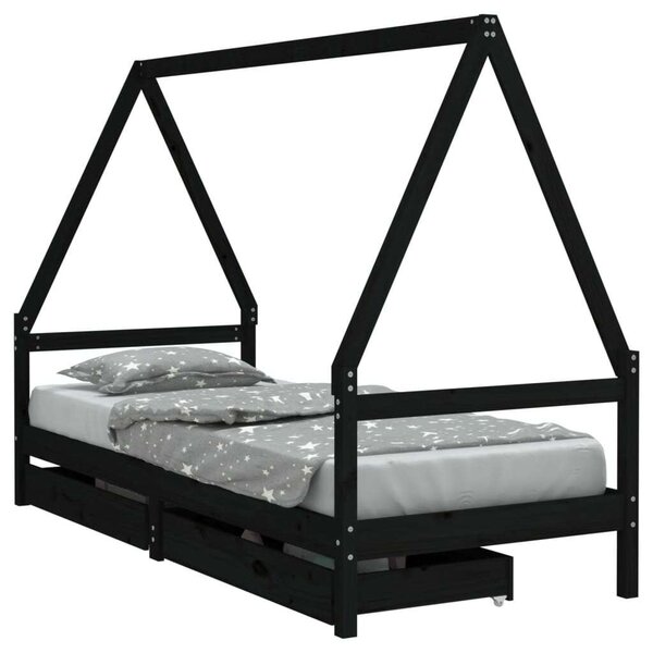 VidaXL fekete gyerek tömör fenyőfa ágykeret fiókokkal 90 x 200 cm