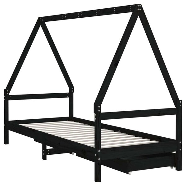 VidaXL fekete gyerek tömör fenyőfa ágykeret fiókokkal 90 x 200 cm