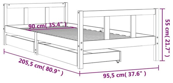 VidaXL fehér gyerek tömör fenyőfa ágykeret fiókokkal 90 x 200 cm