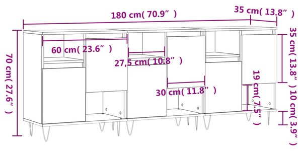 VidaXL Modern Tálalószekrény Szett - 3 db, Betonszürke
