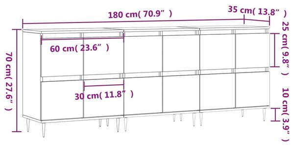 3 db Beton Szürke Fa Tálalószekrény - 180x35x70 cm