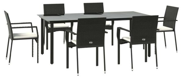 7 részes fekete polyrattan kerti étkezőgarnitúra párnával
