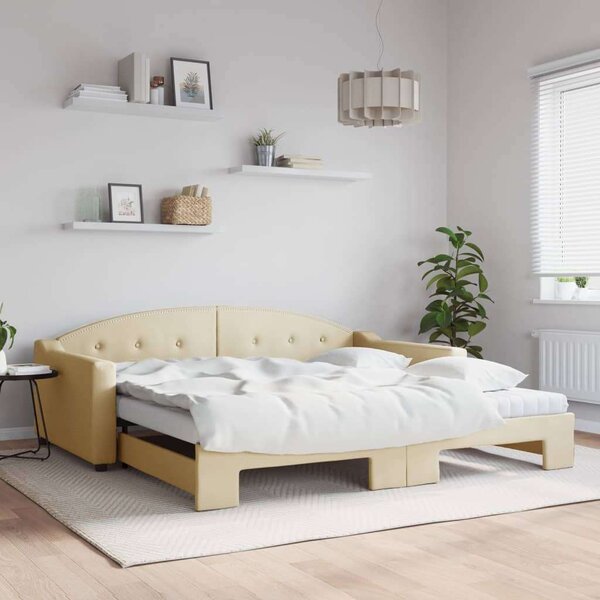 VidaXL krémszínű kihúzható szövet heverő matracokkal 100x200 cm
