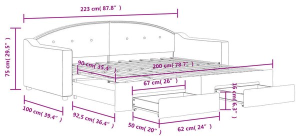 VidaXL fekete kihúzható szövet heverő fiókokkal 90 x 200 cm