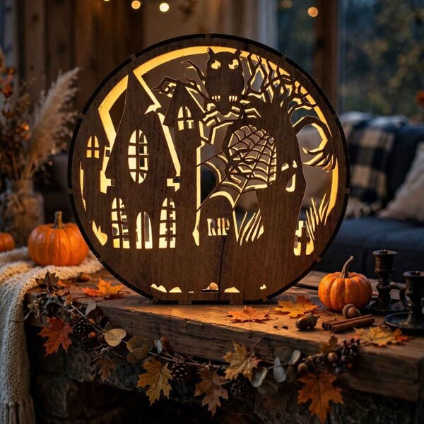 Fa Halloween lámpa - Kísértetház bagolyval | DRACO