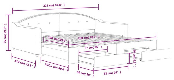 VidaXL krémszínű kihúzható szövet heverő fiókkal 100x200 cm