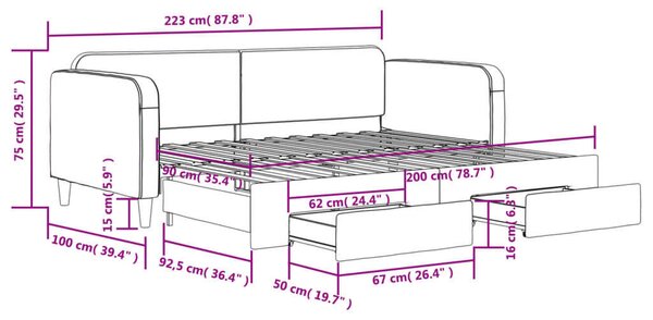 VidaXL világosszürke kihúzható szövet heverő fiókokkal 90 x 200 cm