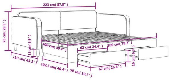 VidaXL fekete kihúzható szövet heverő fiókokkal 100 x 200 cm