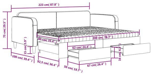 VidaXL fekete kihúzható szövet heverő fiókokkal 90 x 200 cm