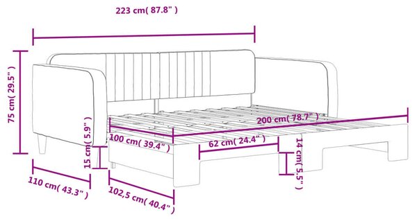 VidaXL világosszürke kihúzható bársony heverő 100 x 200 cm