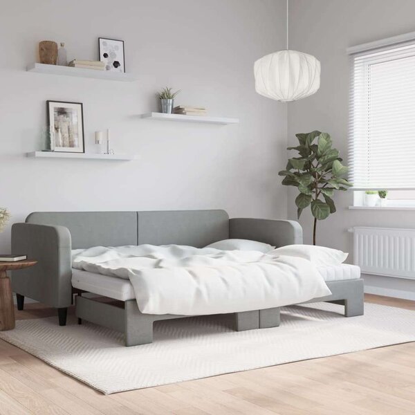 VidaXL világosszürke kihúzható szövet heverő matracokkal 90 x 200 cm