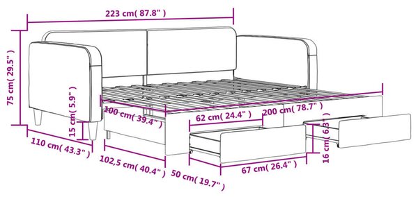 VidaXL krémszínű kihúzható szövet heverő fiókkal 100x200 cm
