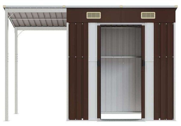 Barna kerti fészer meghosszabbított tetővel 277x110,5x181 cm