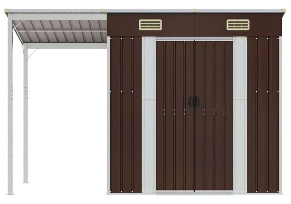 Barna kerti fészer meghosszabbított tetővel 277x110,5x181 cm