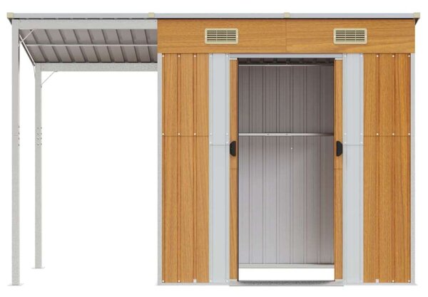 Világosbarna fészer meghosszabbított tetővel 277x110,5x181 cm