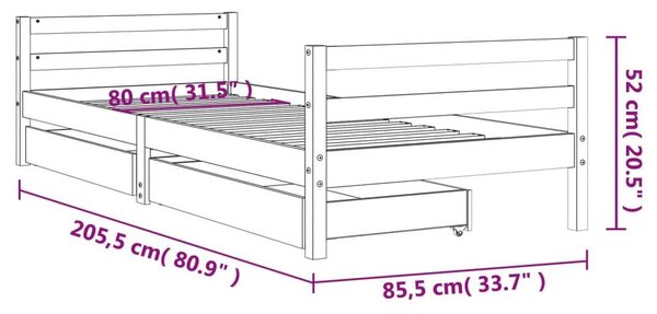 Fehér gyerek tömör fenyőfa ágykeret fiókokkal 80 x 200 cm
